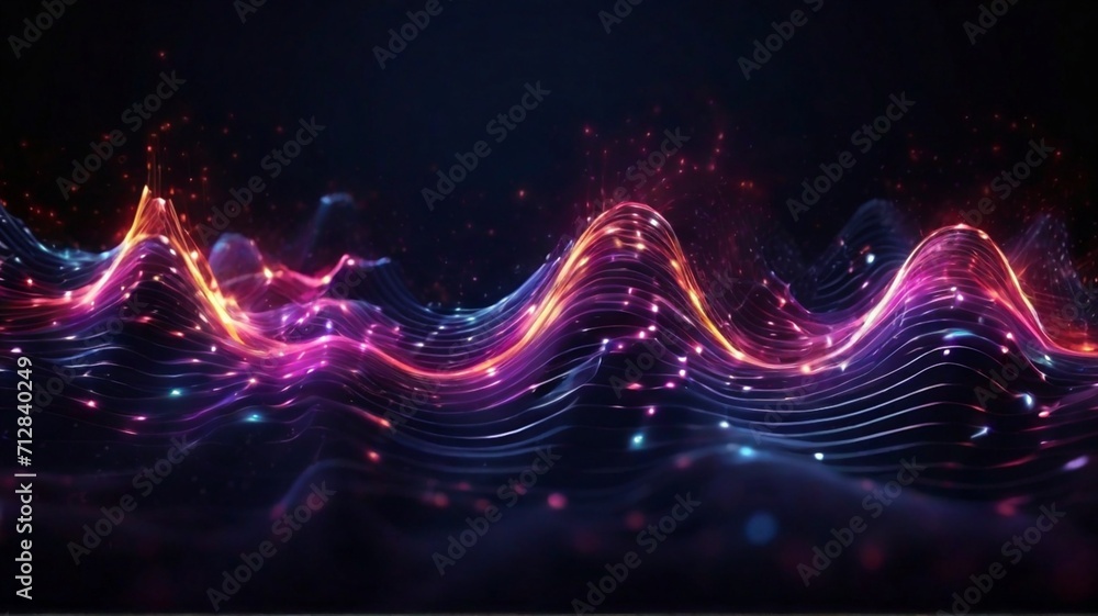 Bright sine waves particles. Sound and music digital wire lines technology visualization.