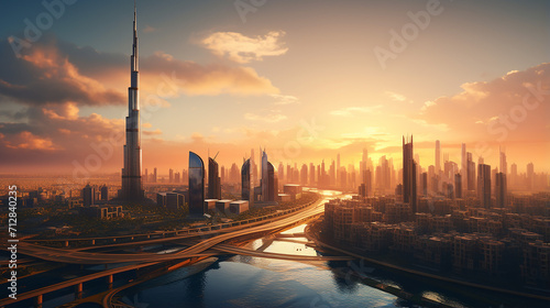 aerial view of Dubai city in sunset light photo