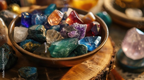 A bowl filled with various healing crystals is p at the center of a meditation circle, radiating positive energy.