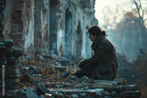 A person looks down sadly at the ruins of an abandoned building