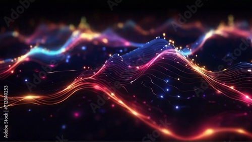 Bright sine waves particles. Sound and music digital wire lines technology visualization. photo