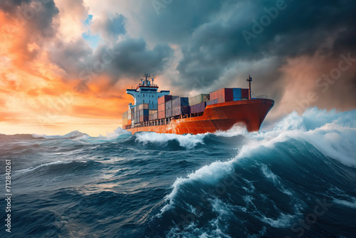 During splashing storm of big waves and strong winds, container ship floats with ocean AI Generation