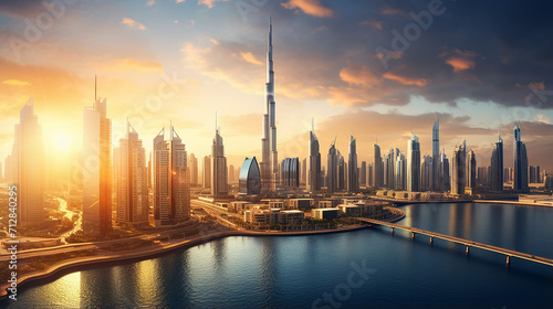 beautiful aerial view of Dubai city in sunset light photo