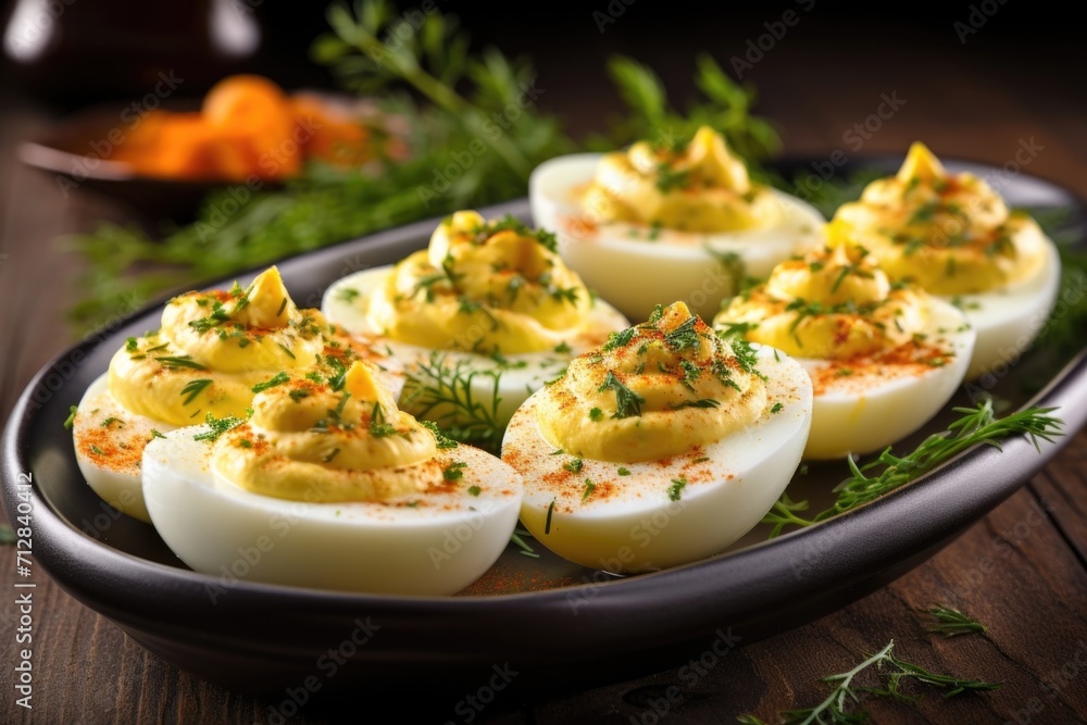 A platter of deviled eggs surprises the taste buds with its zesty combination of ingredients. The yolk filling is infused with tangy Dijon mustard and briny capers, creating a burst of flavors