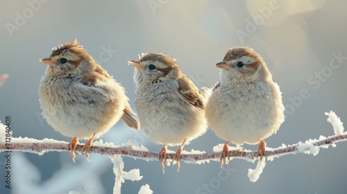 Three small birds sit on a branch in winter.