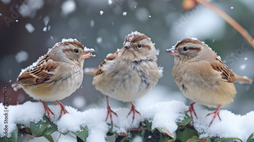 Three small birds sit on a branch in winter. © Ярослав Антонюк