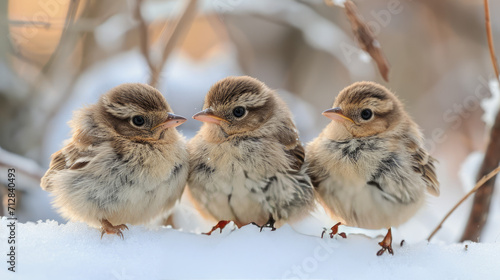 Three small birds sit on a branch in winter.