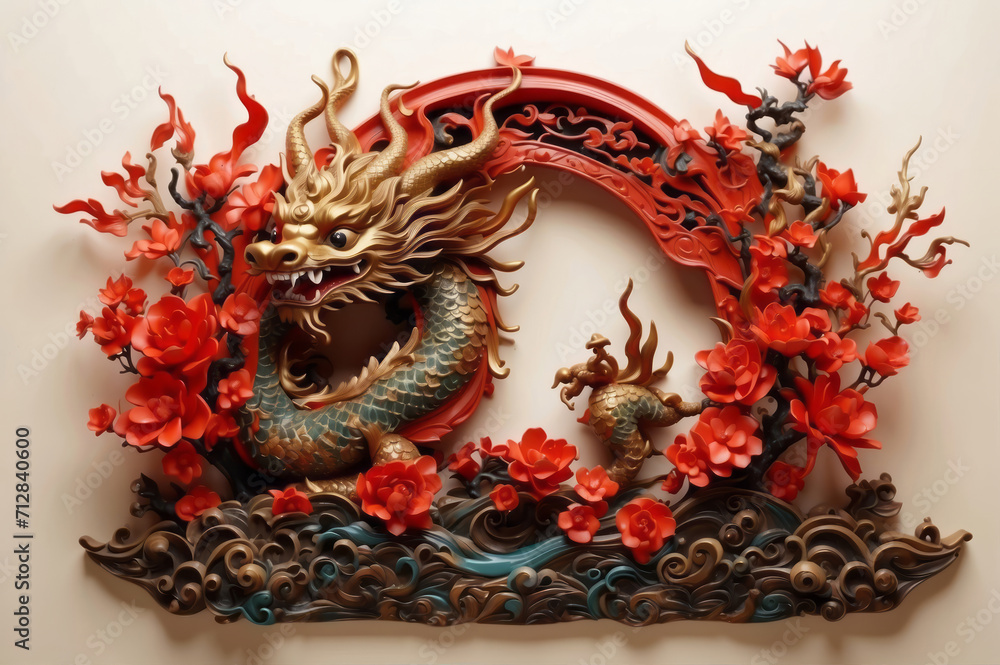 Fototapeta premium chinese dragon 3d statue art on the wall