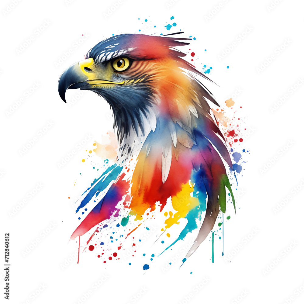 Eagle head with colorful splashes isolated on transparent background. Vector illustration.