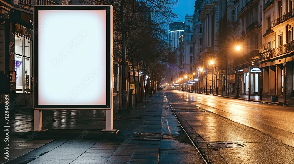 A white empty blank canvas poster screen sign for ads in a city on a street. A white empty blank canvas poster screen sign for ads in a city on a street.