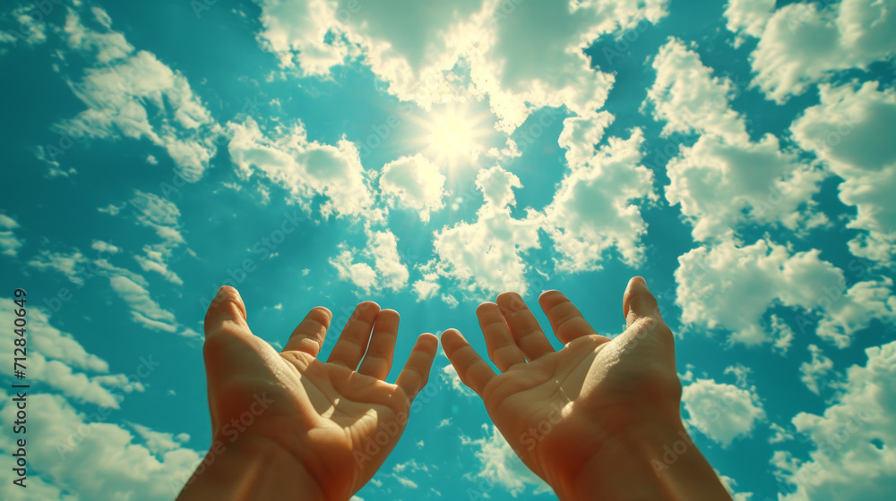 Prayer. A petition from God. Hands are turned towards the sun. - obrazy, fototapety, plakaty 