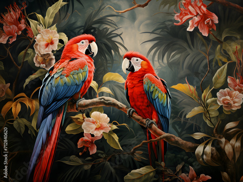 wallpaper a painting of jungle flora with birds and flowers old drawing vintage background © MstParul