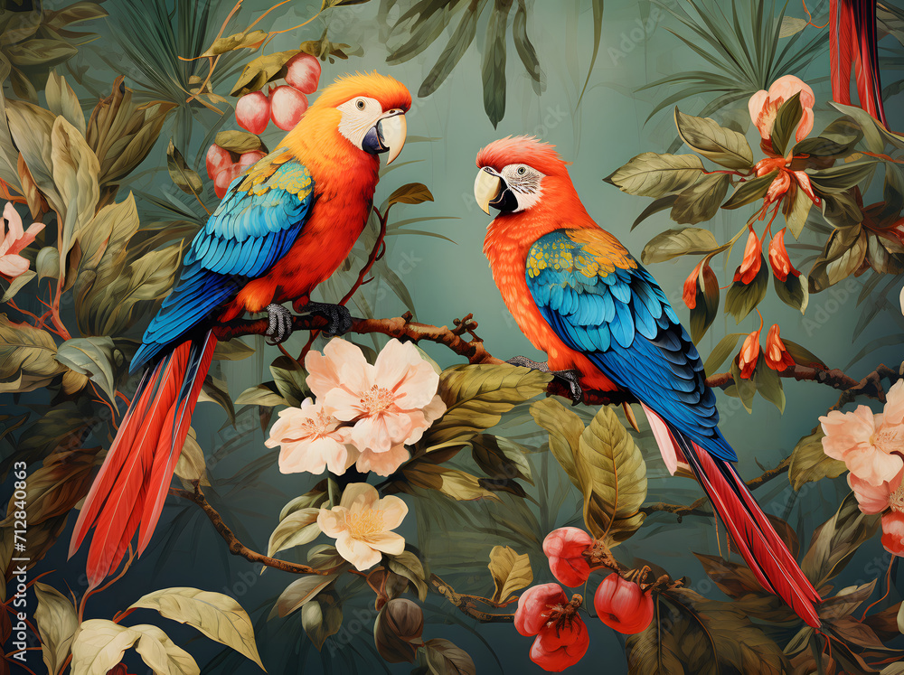 wallpaper jungle and leaves tropical forest mural parrot and flower branch
