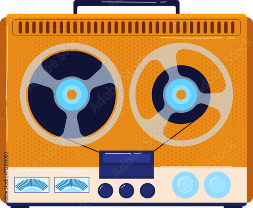 Retro style orange reel-to-reel tape recorder, vintage audio equipment. Nostalgia for 60s and 70s music playback devices. Multimedia and sound recording vector illustration.