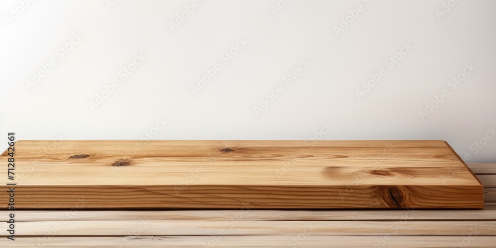 Wooden table top or counter for displaying product mock-up templates. Rustic wooden shelf for product display, isolated on white.