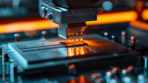 Close-up of a silicon die in semiconductor construction on a pick and place machine. Computer chip manufacturing. Semiconductor industry concept.