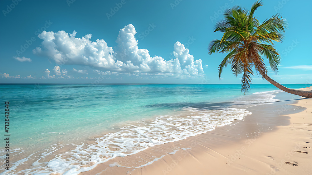Wonderful dream beach with palm tree on white sand.
