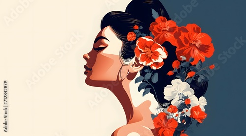 A stylized portrait of a woman in profile, surrounded by vibrant flora © JD