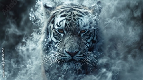 A majestic tiger emerges from the sinuous forms of smoke in an ethereal spectacle. Siberian tiger head made of smoke in wildlife grandeur. photo