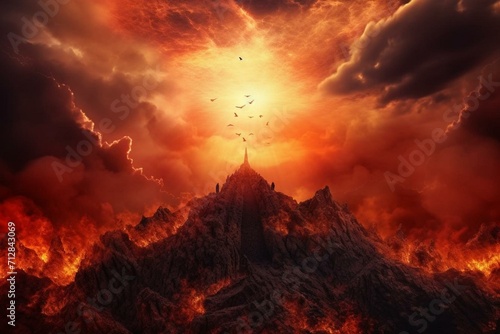 A religious concept depicting a heavenly paradise above and a fiery hell below. Generative AI