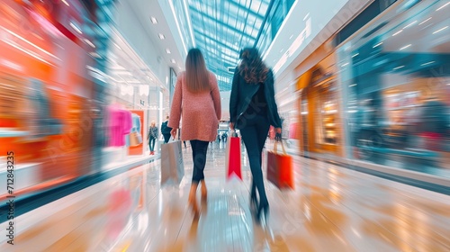 Blurred background of a modern shopping mall with some shoppers. Abstract motion blurred shoppers with shopping bags.