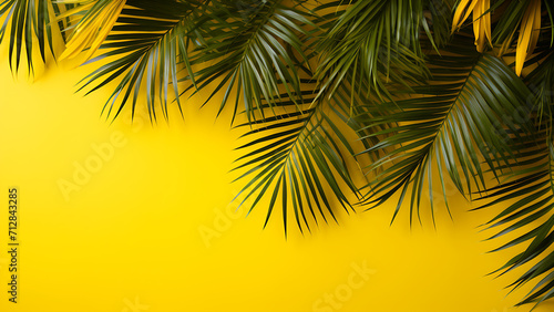 Palm leaves on yellow background. Background with copy space for your text.