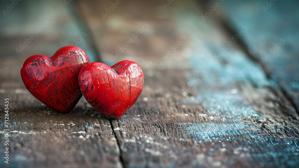 Two red hearts on wooden background, Valentines day background. Two red hearts on wooden background, Valentines day background.