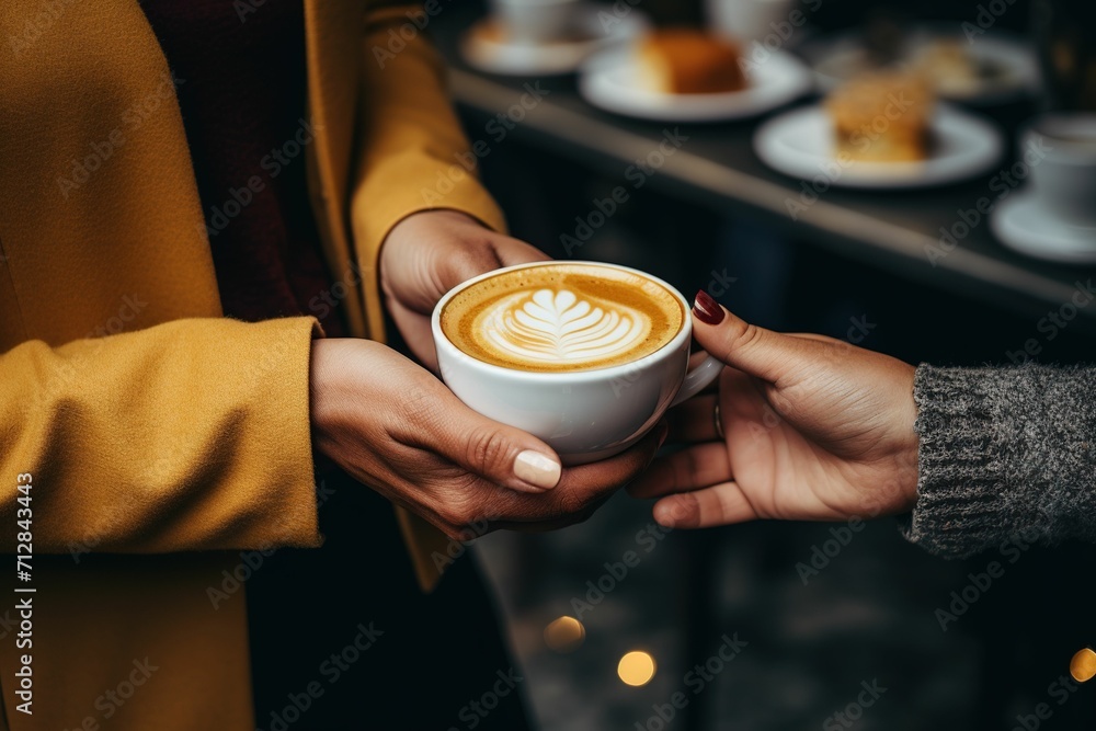 Close-up of two people holding coffee cups, passing coffee between friends, gathering of friends in cafe, cafe background, coffee beans advertising, cafe menu, breakfast coffee