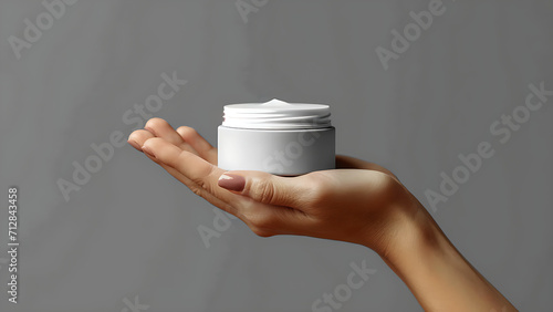 Female hand holding jar of cosmetic cream on pastel background. photo