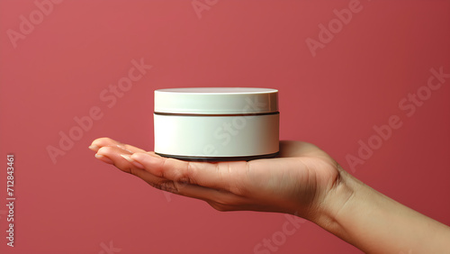 Female hand holding jar of cosmetic cream on pastel background.