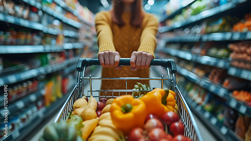 Woman with shopping cart in grocery.