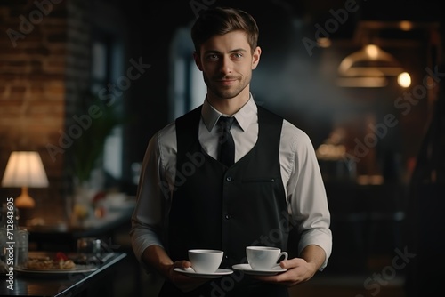 Young man working in cafe, closeup of man working in restaurant, cafe background, cafe advertising, cafe menu, cafe recruitment