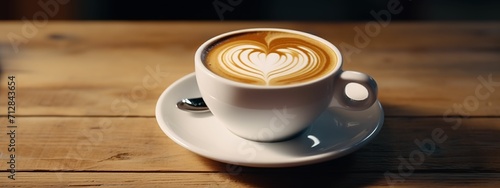 Close-up of a cup of cappuccino on a wooden tabletop (extra wide ratio), a cup of cappuccino with beautiful latte art, cafe background, coffee beans advertising, cafe menu photo