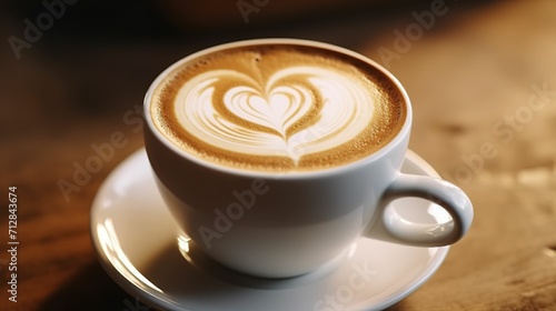 Close up of a cup of cappuccino on a wooden tabletop, a cup of cappuccino with beautiful latte art, cafe background, coffee beans advertising, cafe menu
