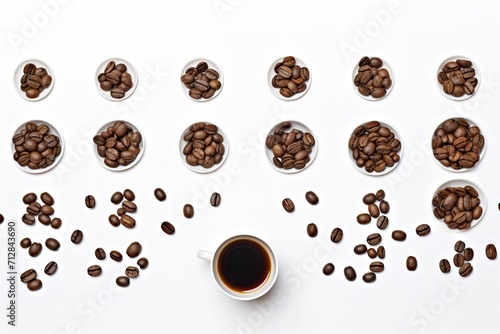 Coffee and different roasted coffee beans on white background, cafe background, coffee beans advertising, cafe menu