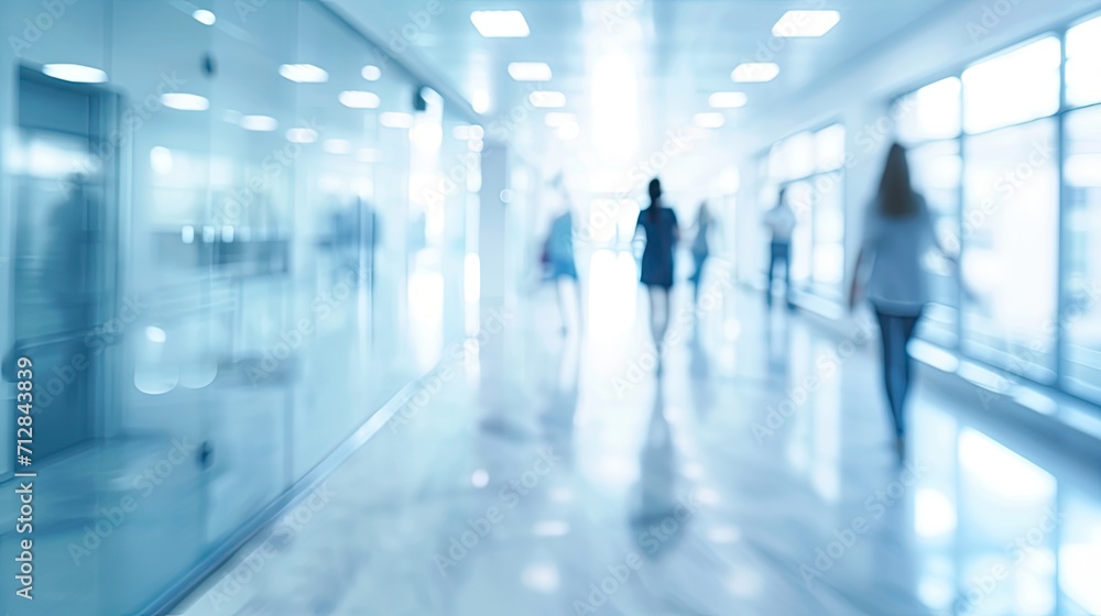 Blurred modern hospital people in white glass modern hospital background.