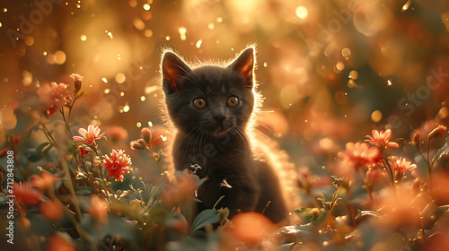 Cute black kitten among flowers. Generative AI illustration