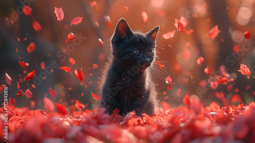 Cute black kitten among flowers. Generative AI illustration