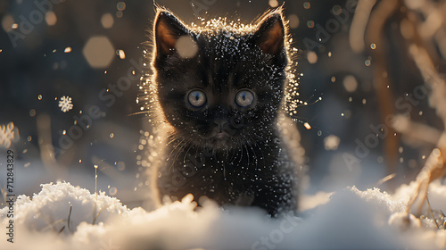 Cute black kitten in the snow. Generative AI illustration 