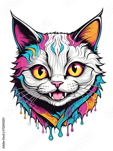 Colorful cat head with colorful splashes on transparent background