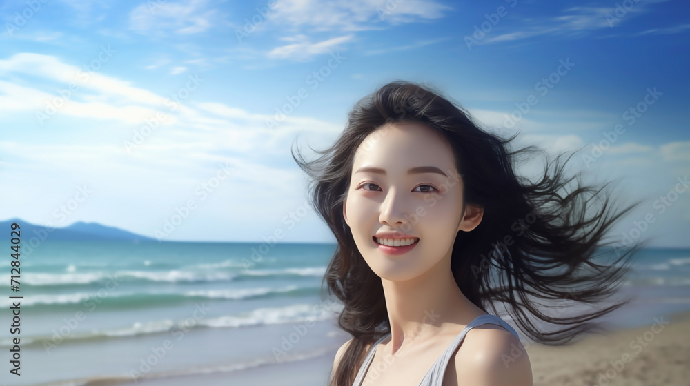 Azure Gaze A woman feeling the wind on the beach Azure Gaze A woman feeling the wind on the beach