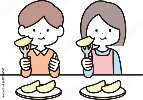 りんごを楽しそうに食べる女の子と男の子のイラスト素材
