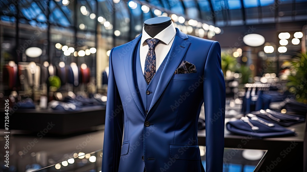 Classic blue Suit in a Clothing Store. Luxury banner for an expensive men's clothing and office suits store, Generative AI Classic blue Suit in a Clothing Store. Luxury banner for an expensive men's clothing and office suits store, Generative AI