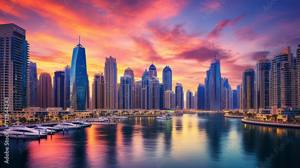 Dubai Marina with colorful sunset in Dubai United Arab Emirates with dramatic sky