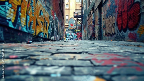A panning shot of a dilapidated alleyway completely covered in graffiti tags and stenciled images of metal band logos and aggressive slogans. The bright colors and chaoti