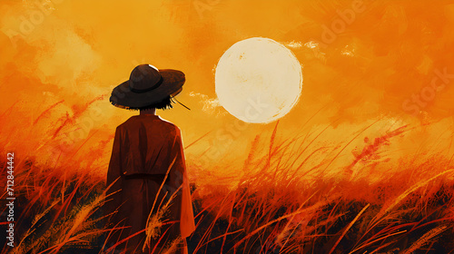 Man Standing in Field Facing the Sunset