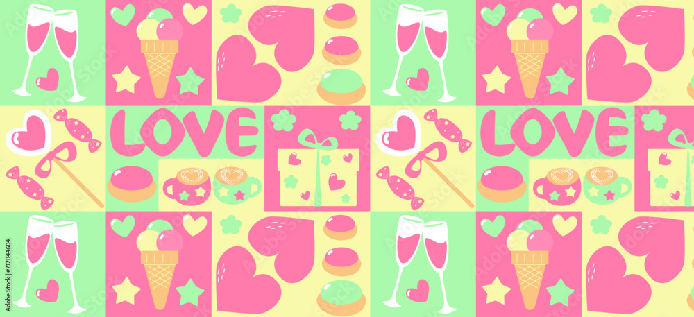 Valentine's day seamless pattern, love heart, vector illustration. Bauhaus pattern abstract geometric. Valentine's day seamless pattern, love heart, vector illustration. Bauhaus pattern abstract geometric.