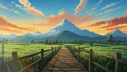 Animated illustration of a wooden bridge in a mountain valley with fresh natural views. Illustration with a mountain view in the background. Background animation. photo