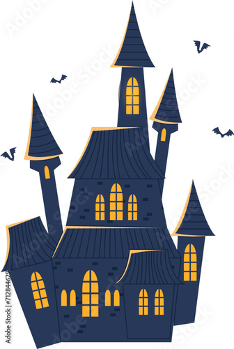 Spooky castle with tall towers and flying bats at night. Halloween haunted house with glowing windows. Scary fortress and dark mystery theme vector illustration.