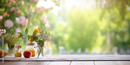 Summer table with free space for decoration and blurred window background.